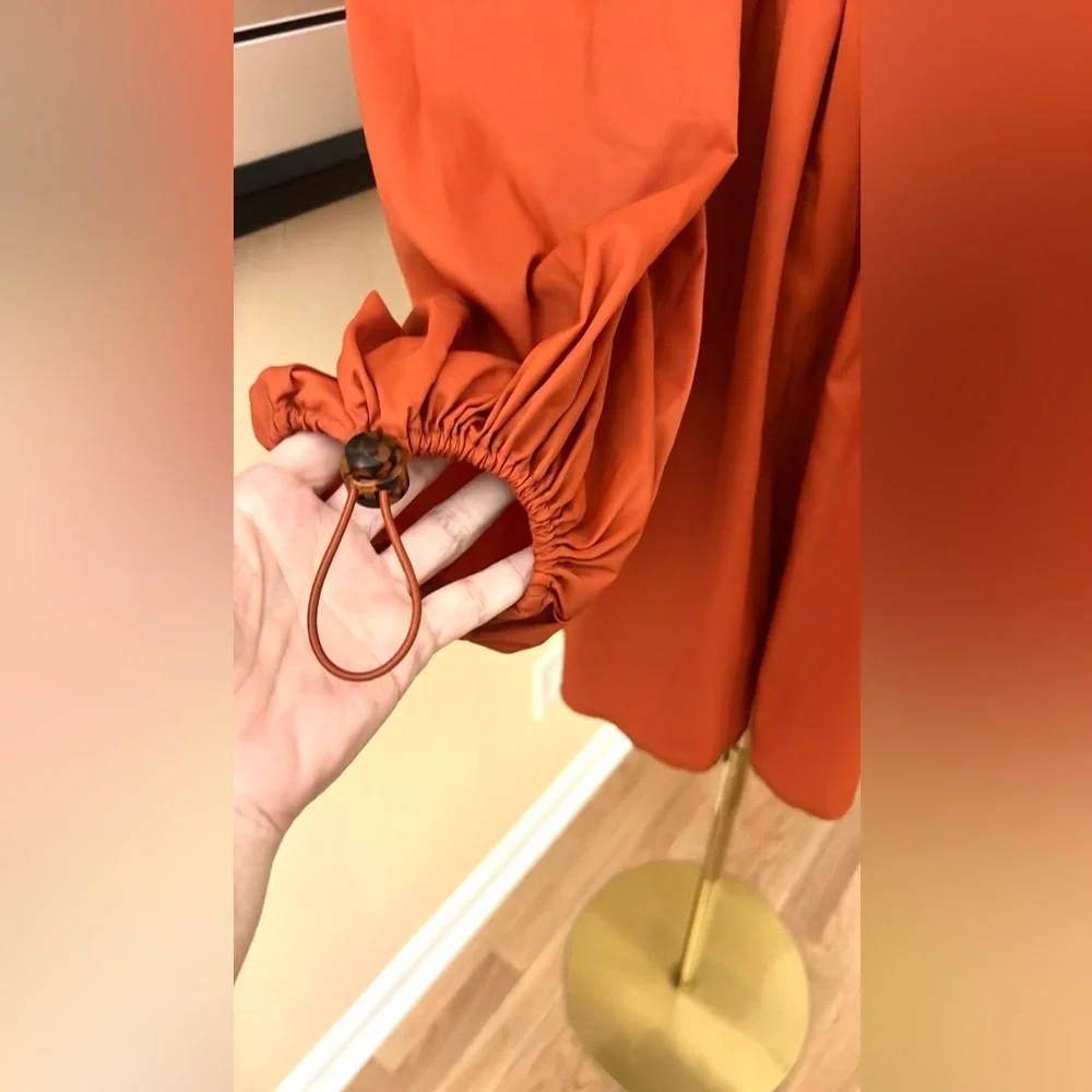 NWT Staud,Form Flattering Bow Dress Puff Sleeve Mini Rust Red, Boho, Lux,Size 6 - Picture 8 of 9